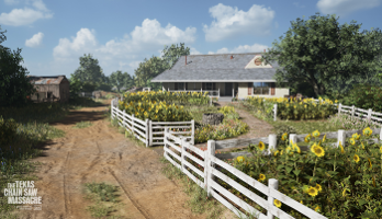 A farmhouse sits surrounded by pristine white picket fences and fields full of sunflowers.